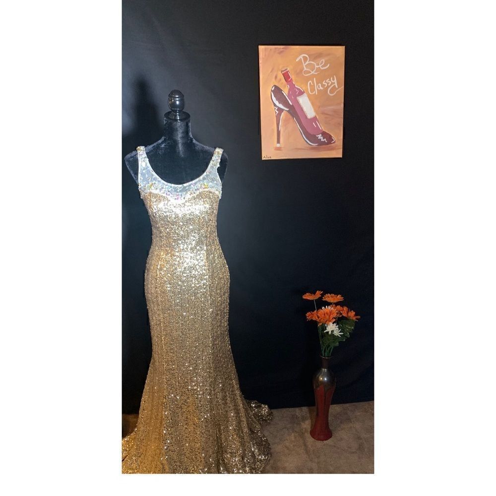 Gorgeous gold sequin floor length gown with mini train